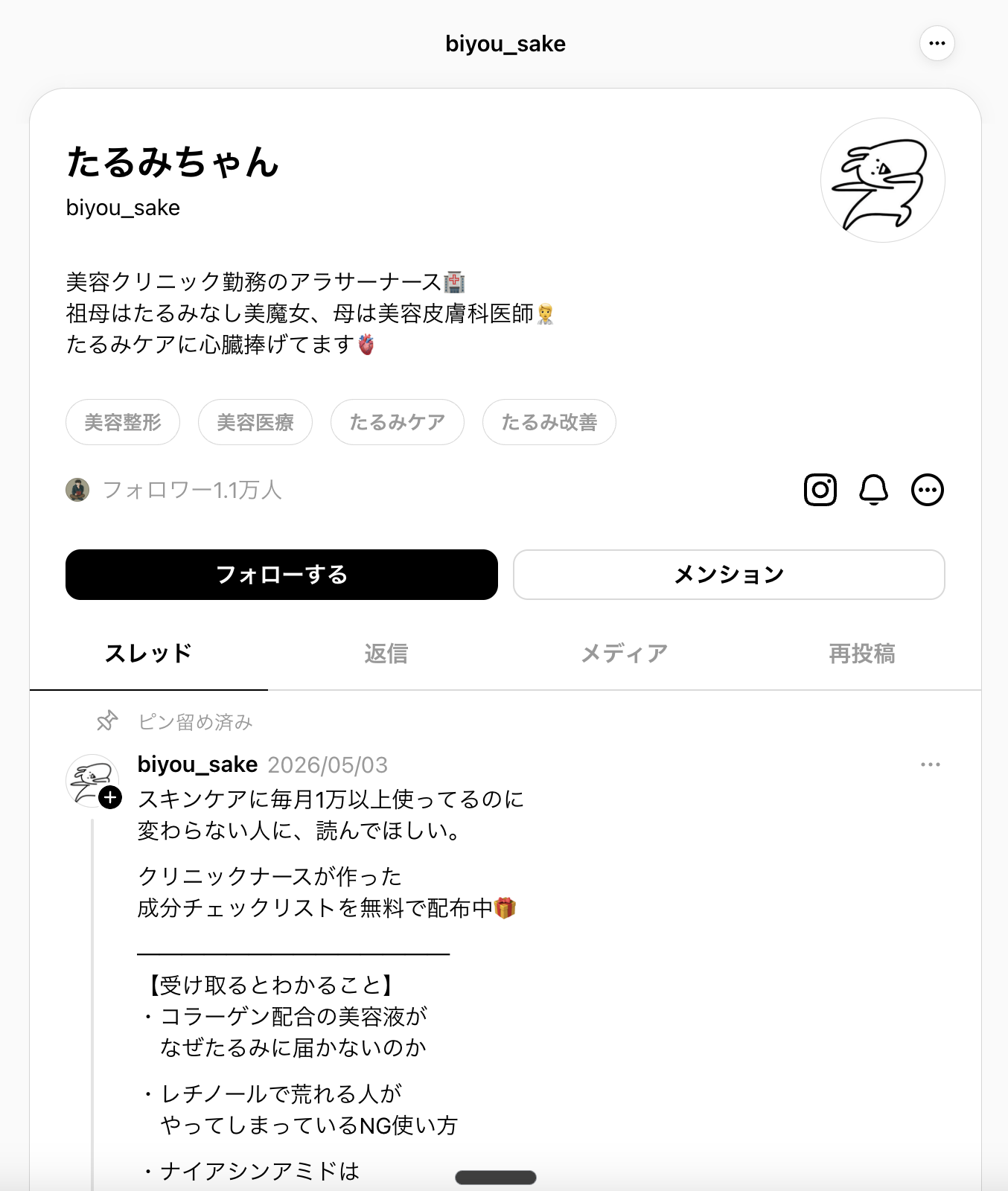 買収候補となりうる美容アカウントの一例（フォロワー1.1万人・美容クリニック勤務ナース）
